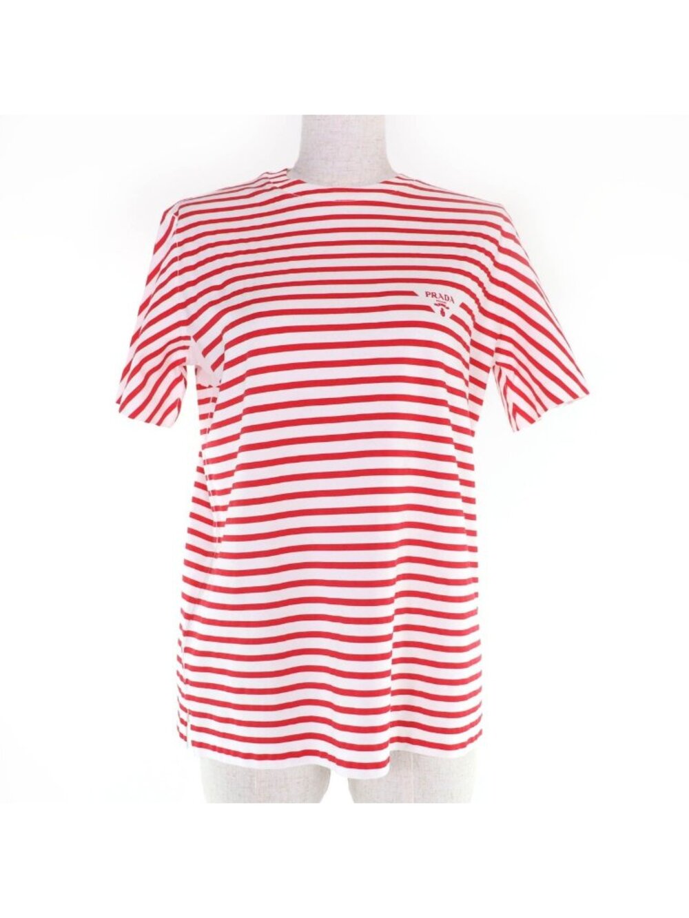 Prada Cotton Triangle Logo Border Pattern Short Sleeve T-Shirt Red White XS